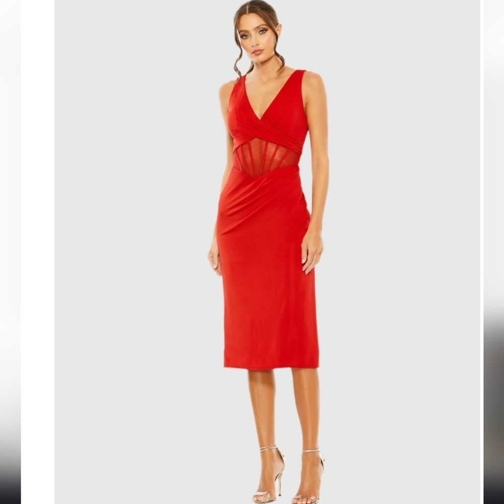 NWT! Ieena For Mac Duggal,Sheer Mesh Caged Midriff Jersey Midi Dress,Red,Size 0